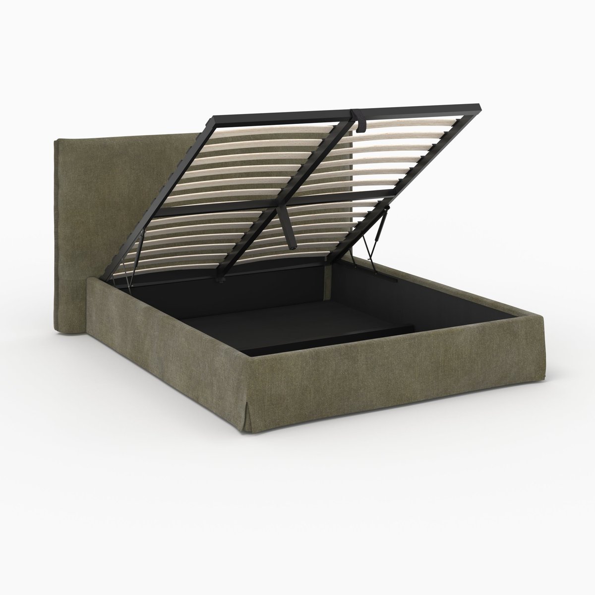 Lit coffre 160x200 cm en tissu déhoussable - SAFIA vert olive, MAISON PAVANE