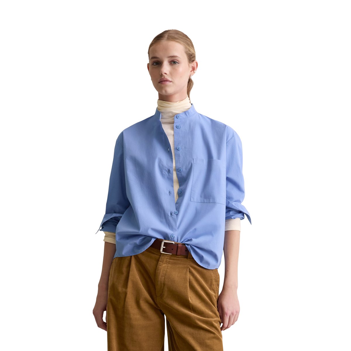 Blouse à col montant relaxed en popeline douce bleu moyen, MARC O’POLO DENIM