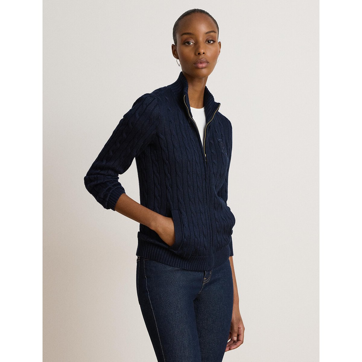 Gilet zippé torsadé à col montant marine, LAUREN RALPH LAUREN