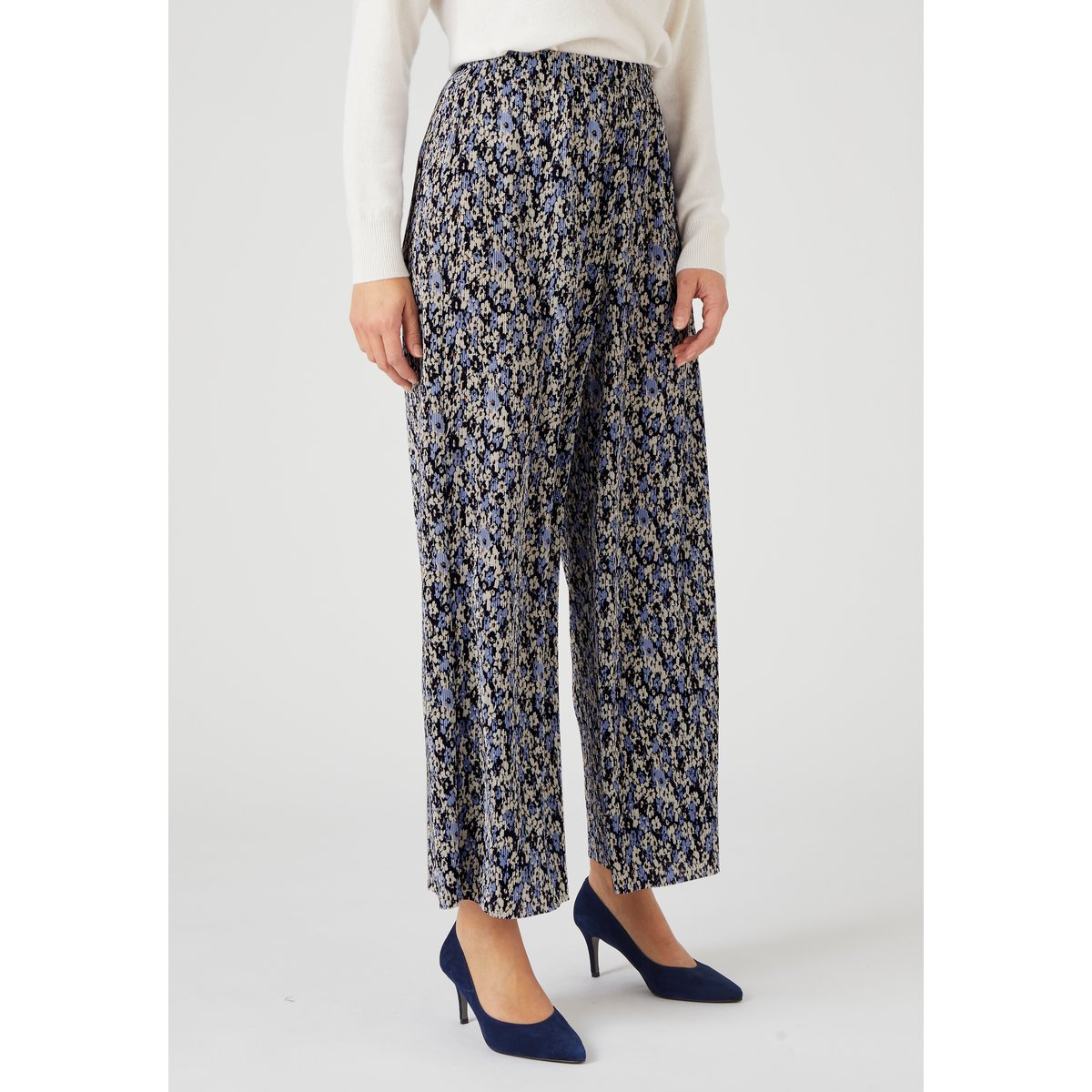 Pantalon 7/8ème maille plissée bleu fleuri, DAMART