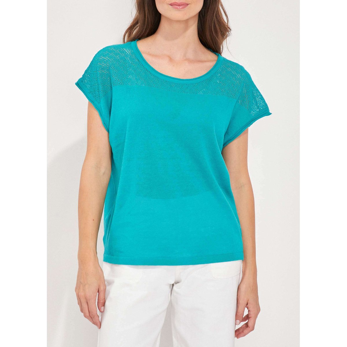 Top coton ajouré maille MANTRAS bleu turquoise, LA FIANCÉE