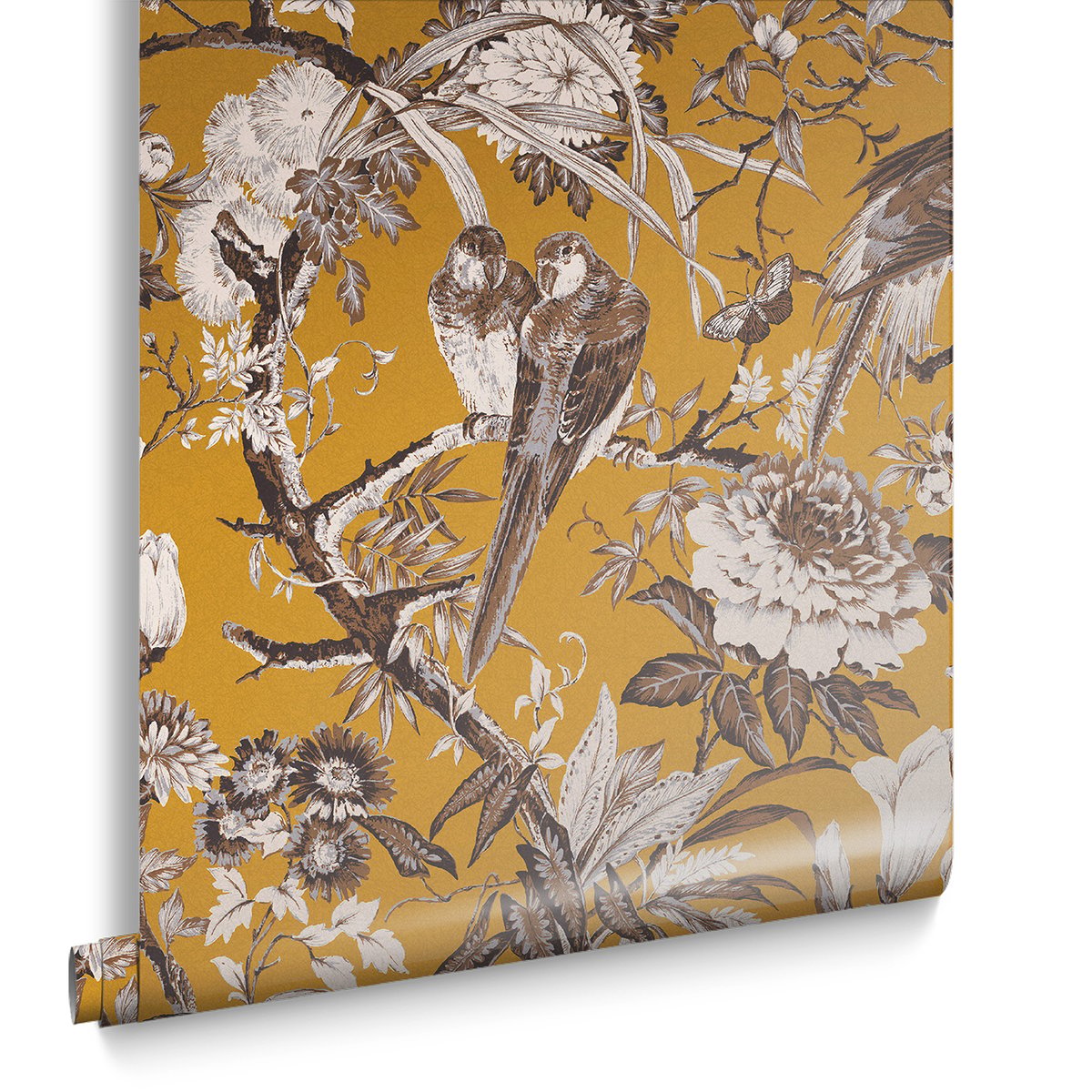 Papier peint Perrow Oiseaux et feuillage Yellow jaune orangé, sépia, GRAHAM ET BROWN