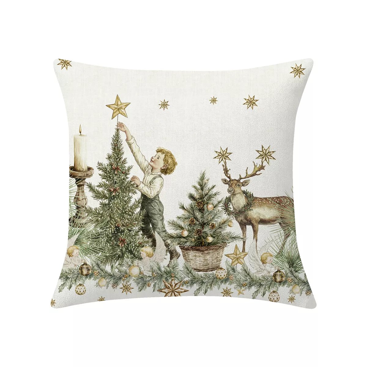 Housse de coussin lin & coton NOEL VINTAGE dore, GARNIER THIEBAUT