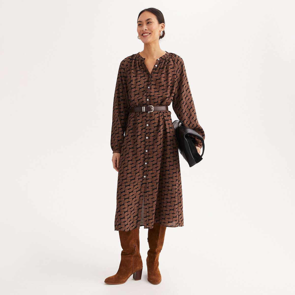 Robe droite, longueur midi, imprimé graphique, manches longues imprimé fond noir, ANNE WEYBURN