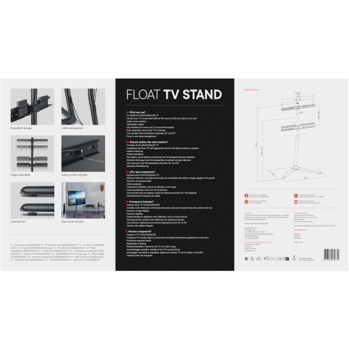 Pied TV Sur pied orientable 360 jusqu'a 90'' couleur unique, ONE FOR ALL