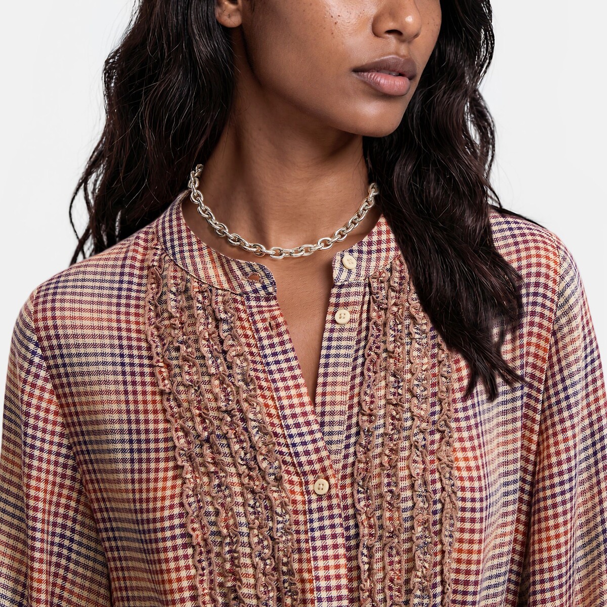 Robe-chemise longue, à carreaux et volants, manches longues carreaux, LA REDOUTE COLLECTIONS