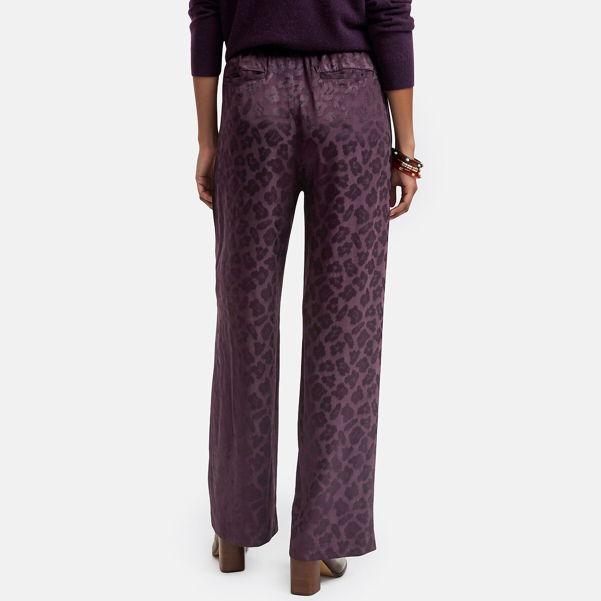 Pantalon large, taille élastiquée, en satin jacquard motif léopard violet, LA REDOUTE COLLECTIONS