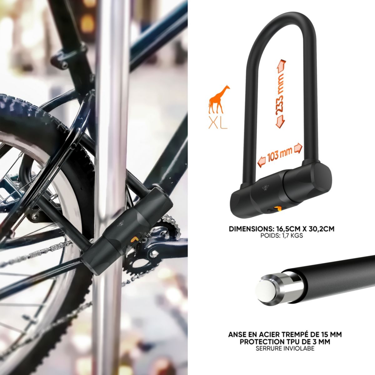 Antivol en U certifié Fub 2 roues Noir noir, CASR