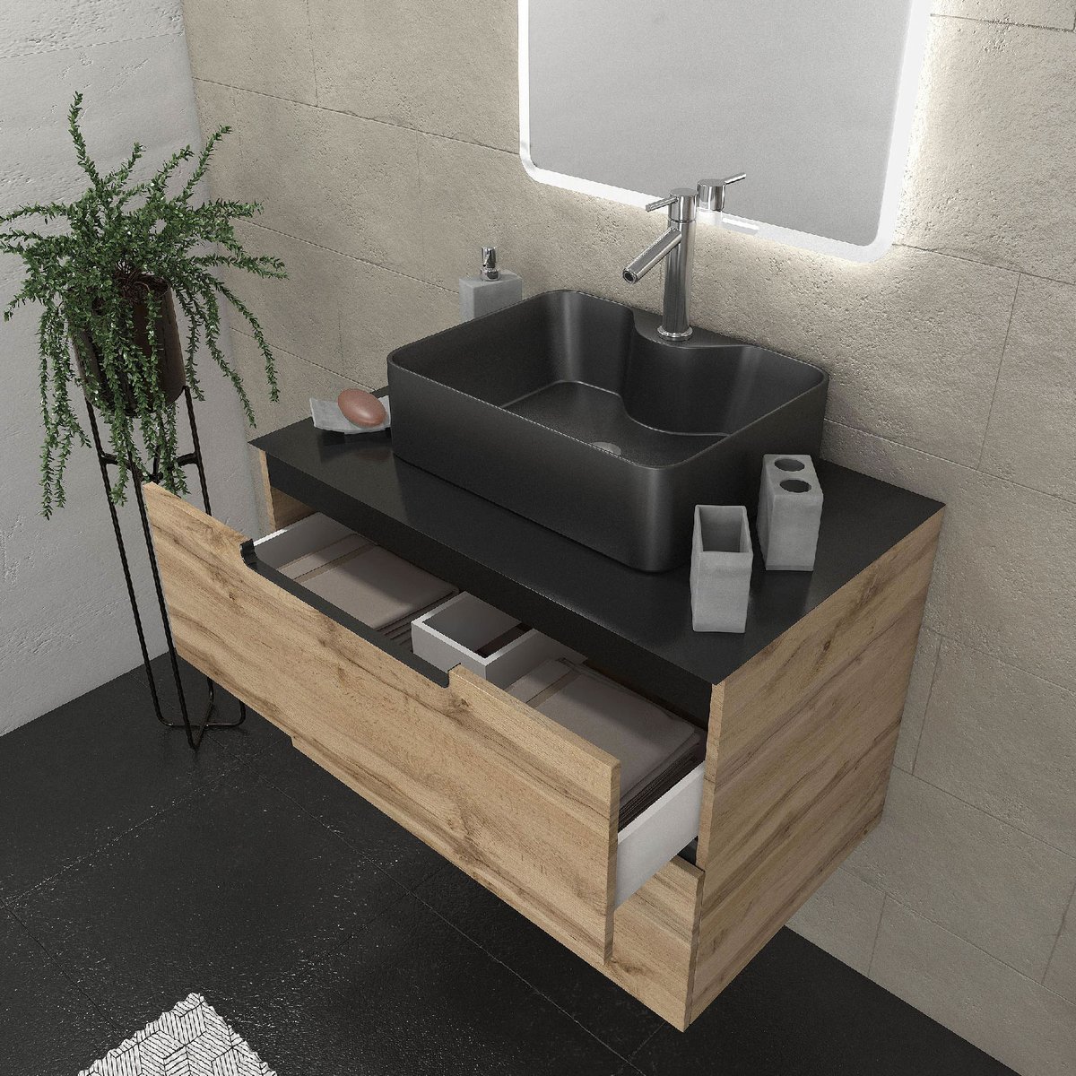 Meuble de salle bains avec vasque et miroir au style authentique naturel, HOME MAISON