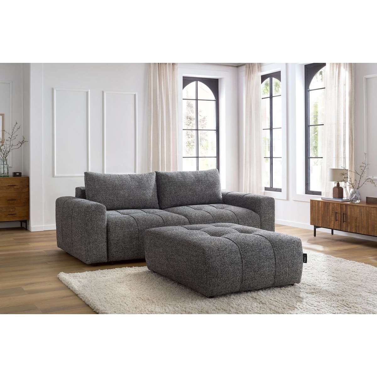 Canapé droit convertible 4 places en tissu chiné avec pouf, ARSENE gris foncé, BOBOCHIC