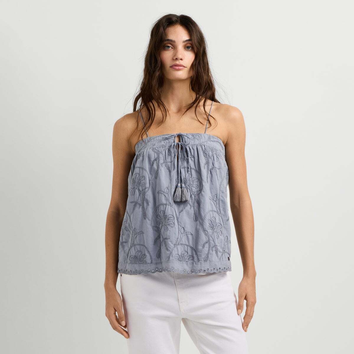 Blouse Avec Broderies Florales bleu mer tempête, PEPE JEANS