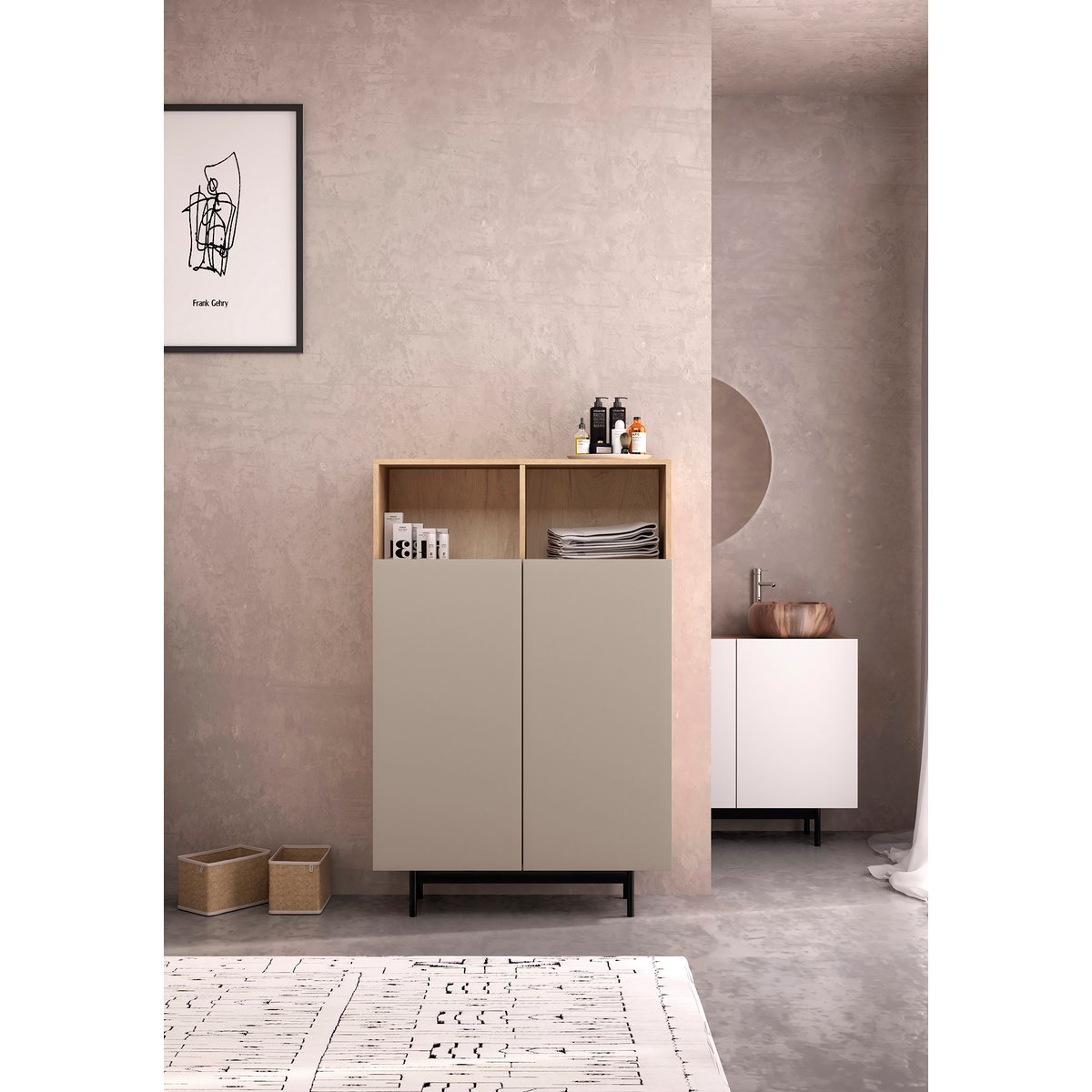Buffet L placard 2 portes, PRINTED chêne clair-taupe, HERDASA