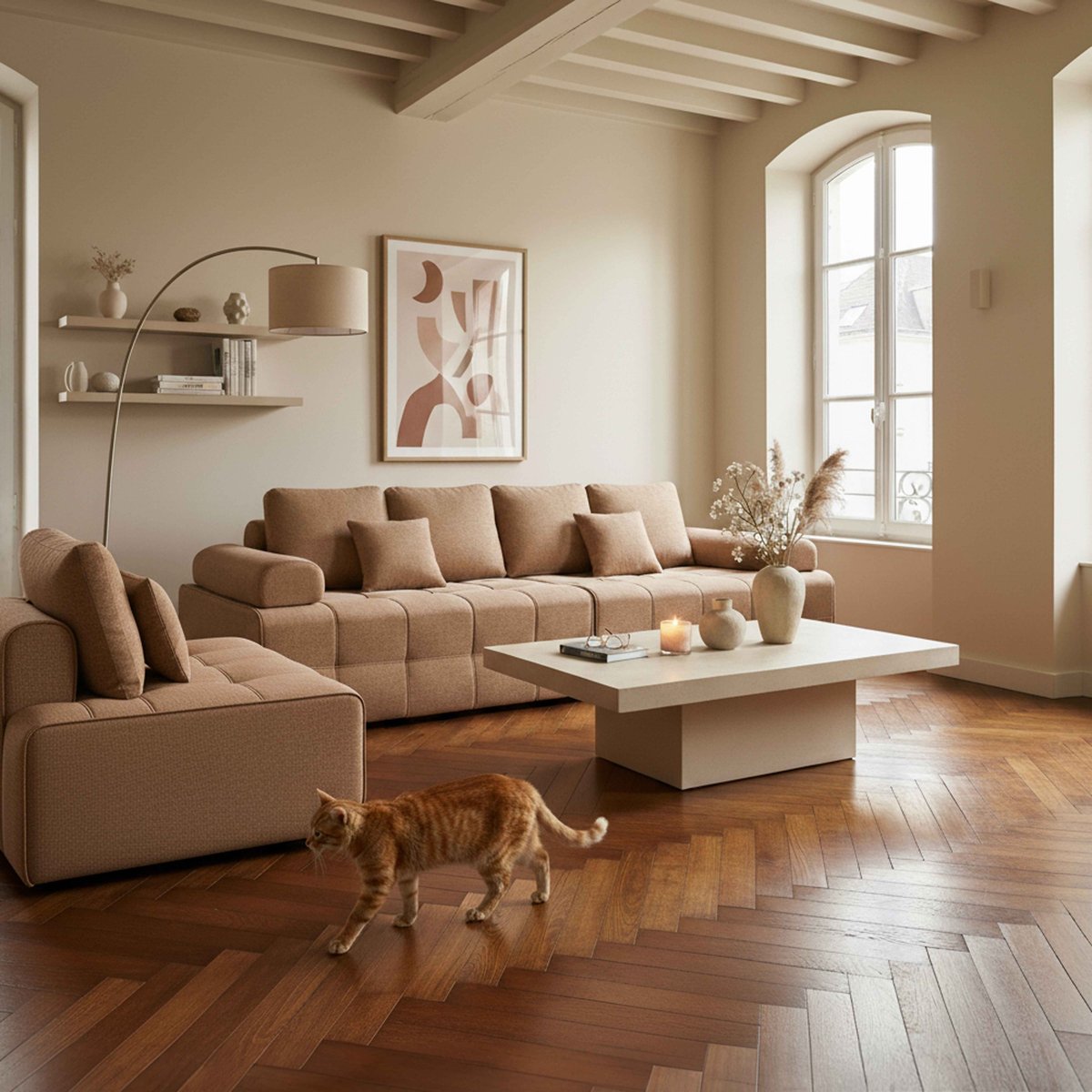 Canapé modulable 5 places assise profonde en tissu avec coussins, SNUGGY terracotta, OVIALA