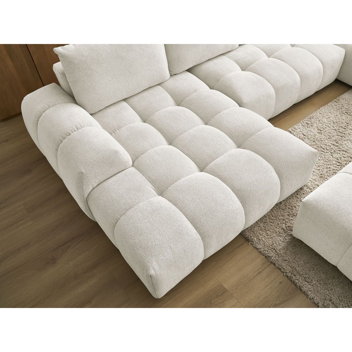 Canapé panoramique convertible 7 places en tissu chiné avec pouf, EVEREST blanc, BOBOCHIC