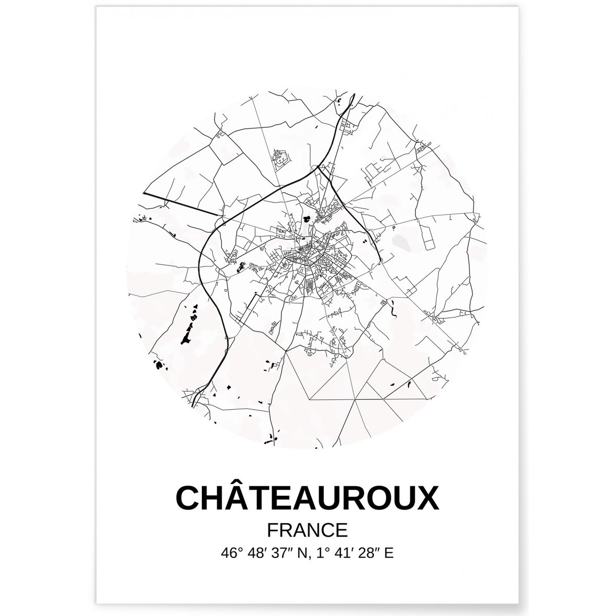Affiche Carte Châteauroux blanc, L'AFFICHERIE