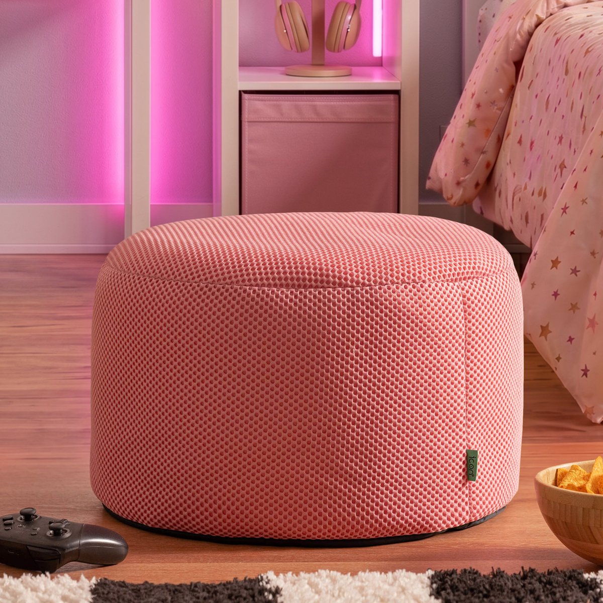 Pouf repose-pieds de gaming rond en mesh tech Oeko-Tex® - MILANO rose pastel, ICON