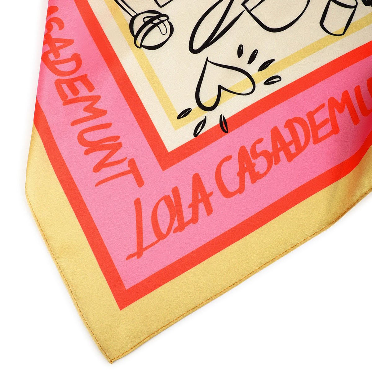 Foulard en satin imprimé logo XL et motifs estivaux rose, LOLA CASADEMUNT