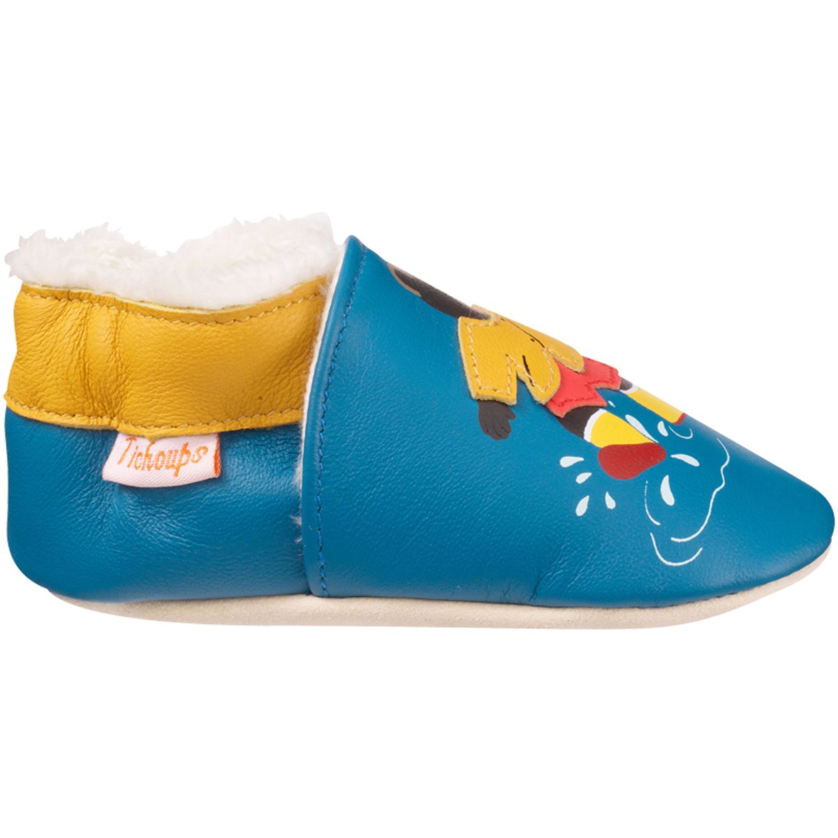 Chaussons cuir souple Petit Ours Brun bleu, TICHOUPS