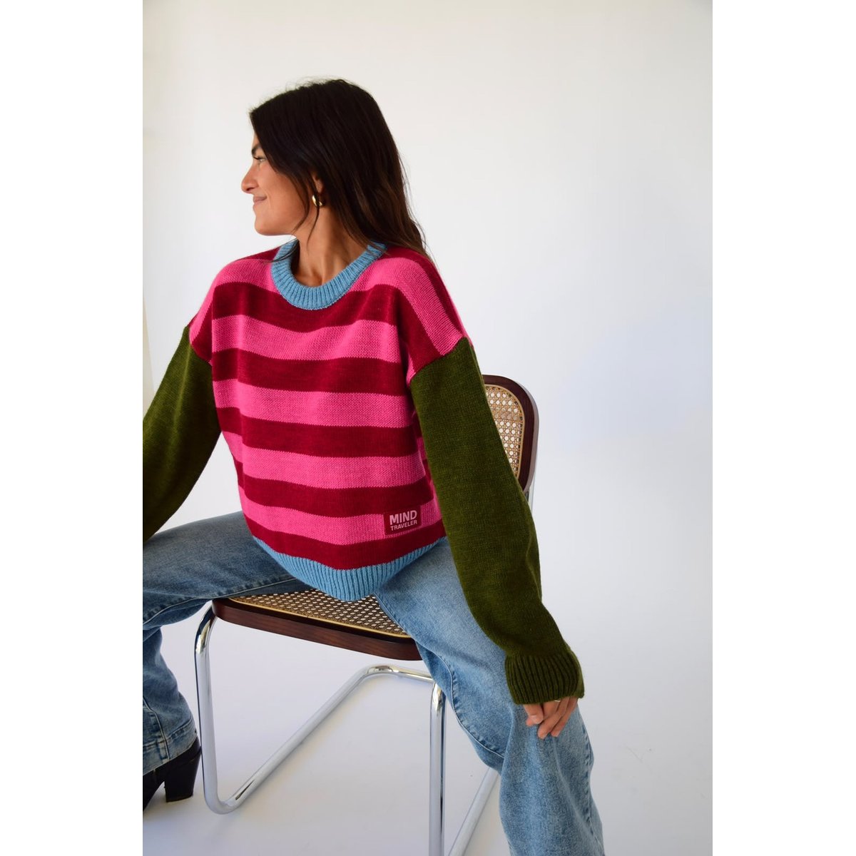 Pull rayé manches contrastées ABRIL rose / bordeaux, MINDTRAVELER