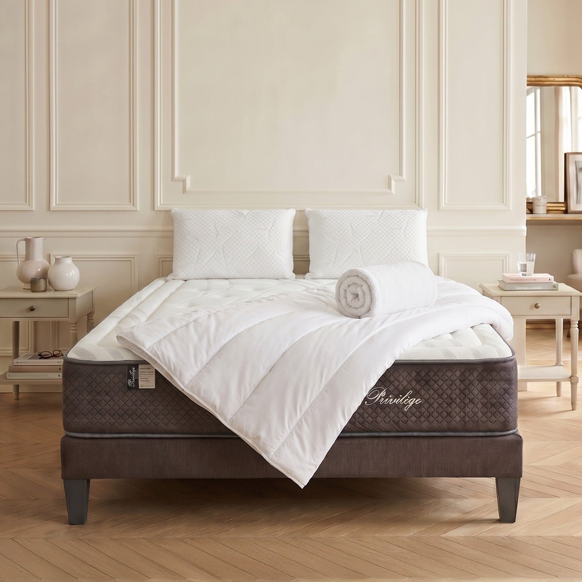 Pack prêt à dormir Privilège - Matelas + Sommier + Couette, oreillers, protège-matelas - 30 cm d'épaisseur blanc, BELLECOUR