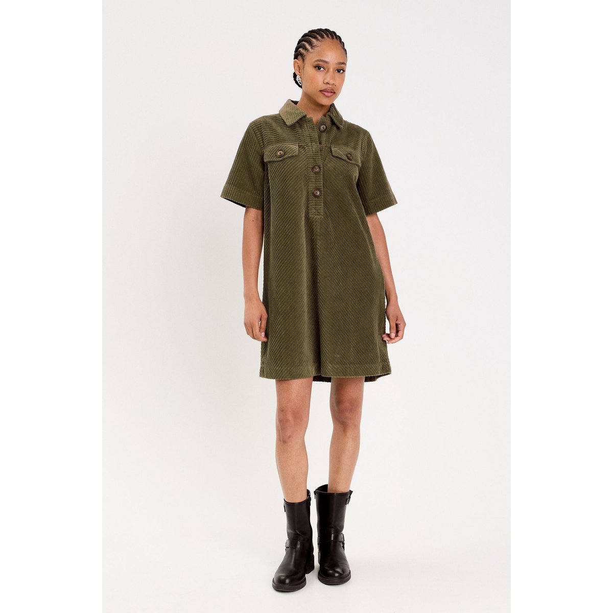 Robe courte droite en velours coton vert kaki, CACHE CACHE