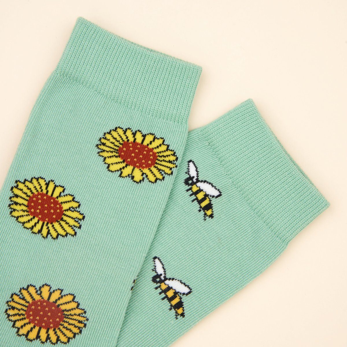 Chaussettes ABEILLE vert avec motifs abeilles et tournesols, COUCOU SUZETTE