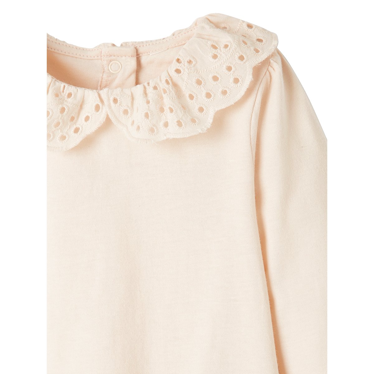 T-shirt bébé col brodé manches longues beige clair, VERTBAUDET