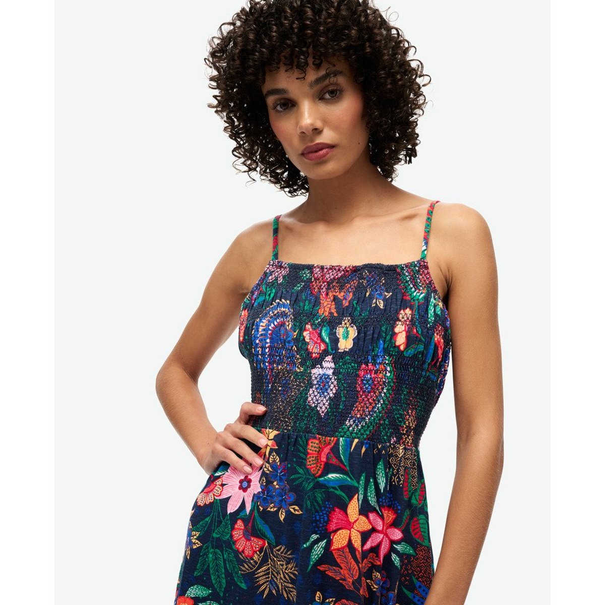 Robe longue caraco smockée bleu marine floral vera, SUPERDRY