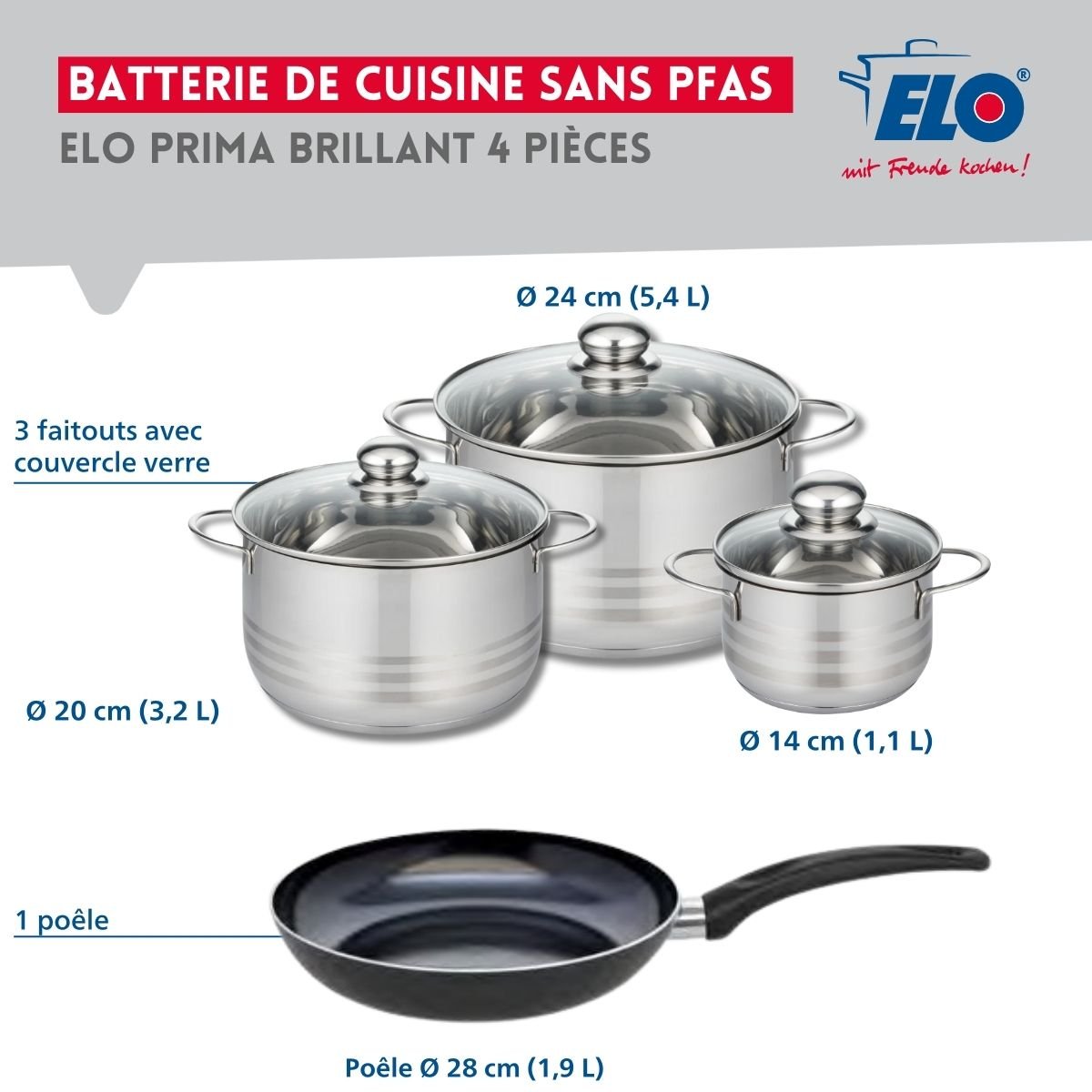 Batterie 1 poêle 28cm + 3 faitouts 14/20/24cm PRIMA BRILLANT noir, ELO