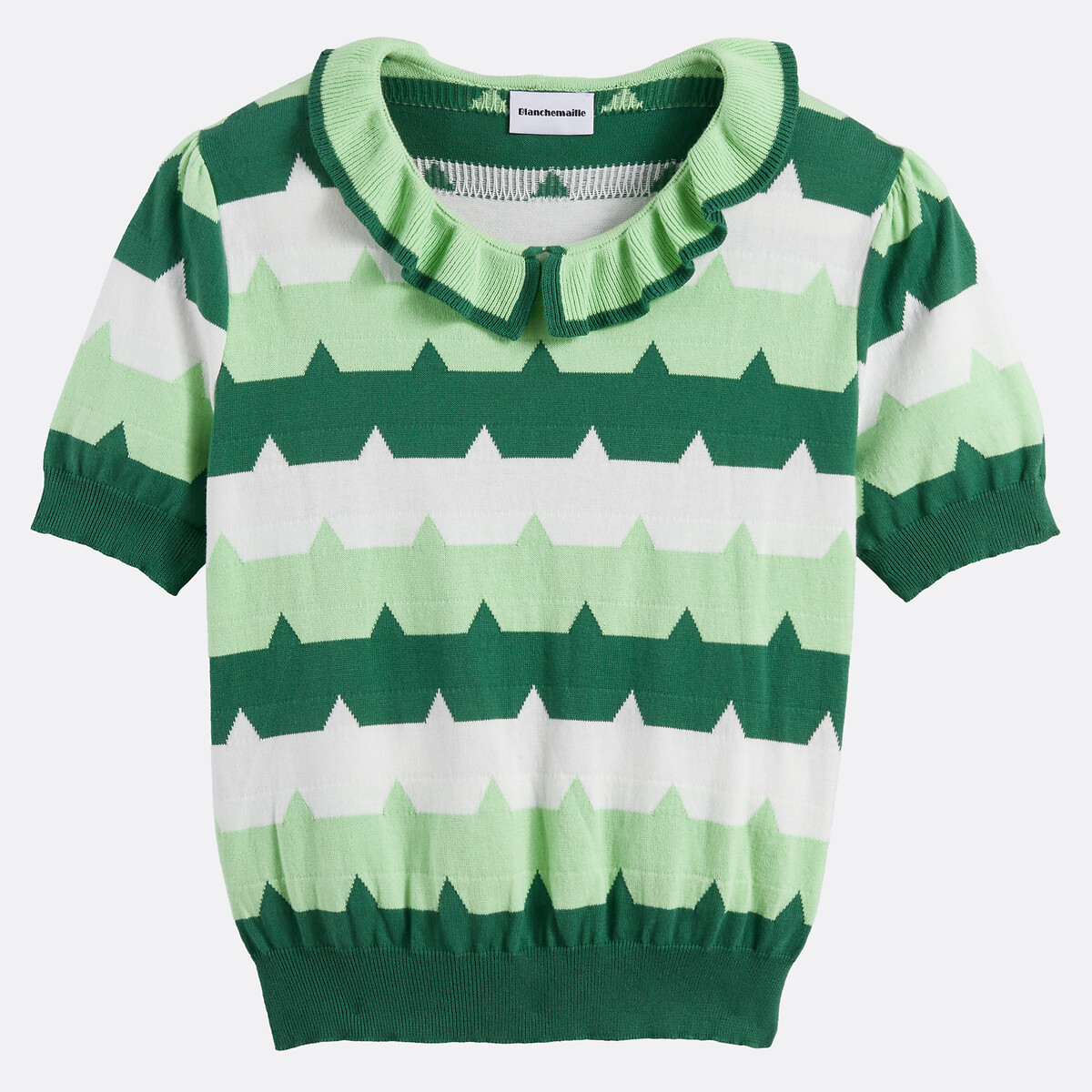 Pull col claudine volanté, en pur coton rayé vert, BLANCHEMAILLE