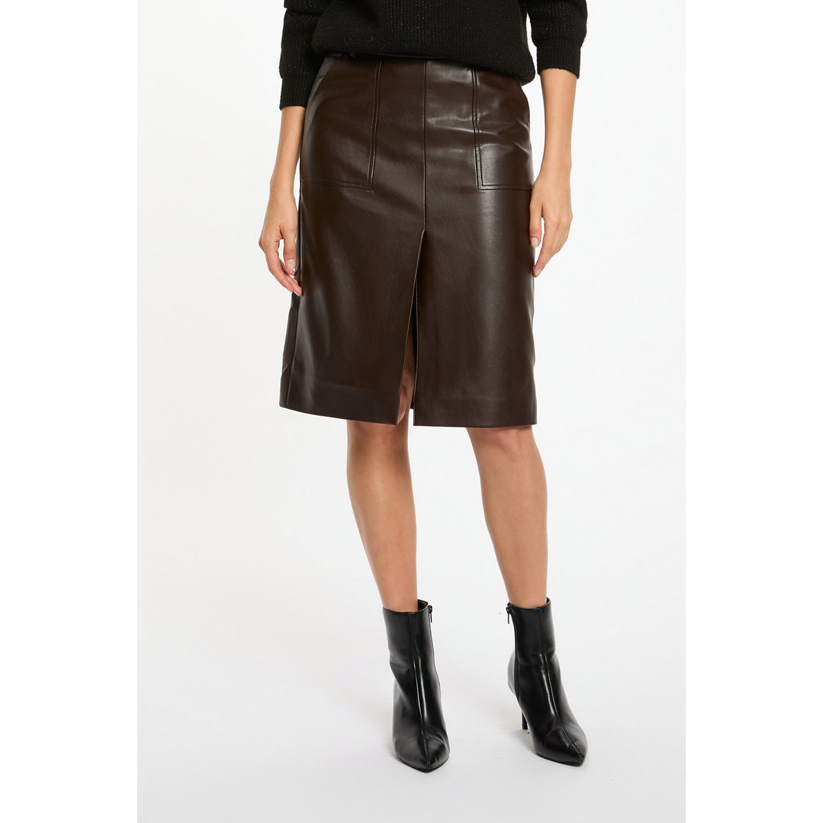Jupe ajustée simili cuir marron foncé, MORGAN