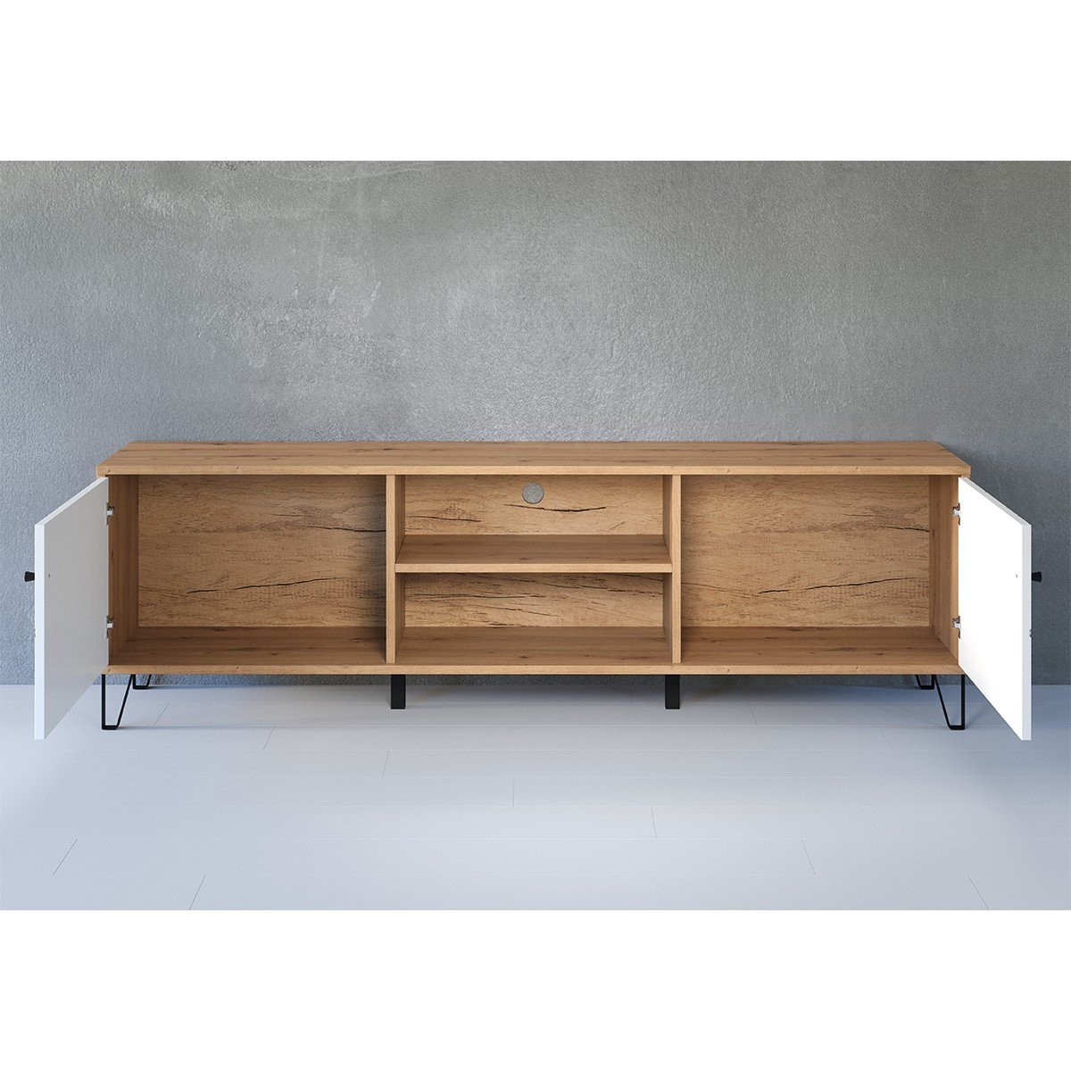 Meuble TV 2 portes et 2 niches blanc mat L183 cm - Touch blanc, CALICOSY