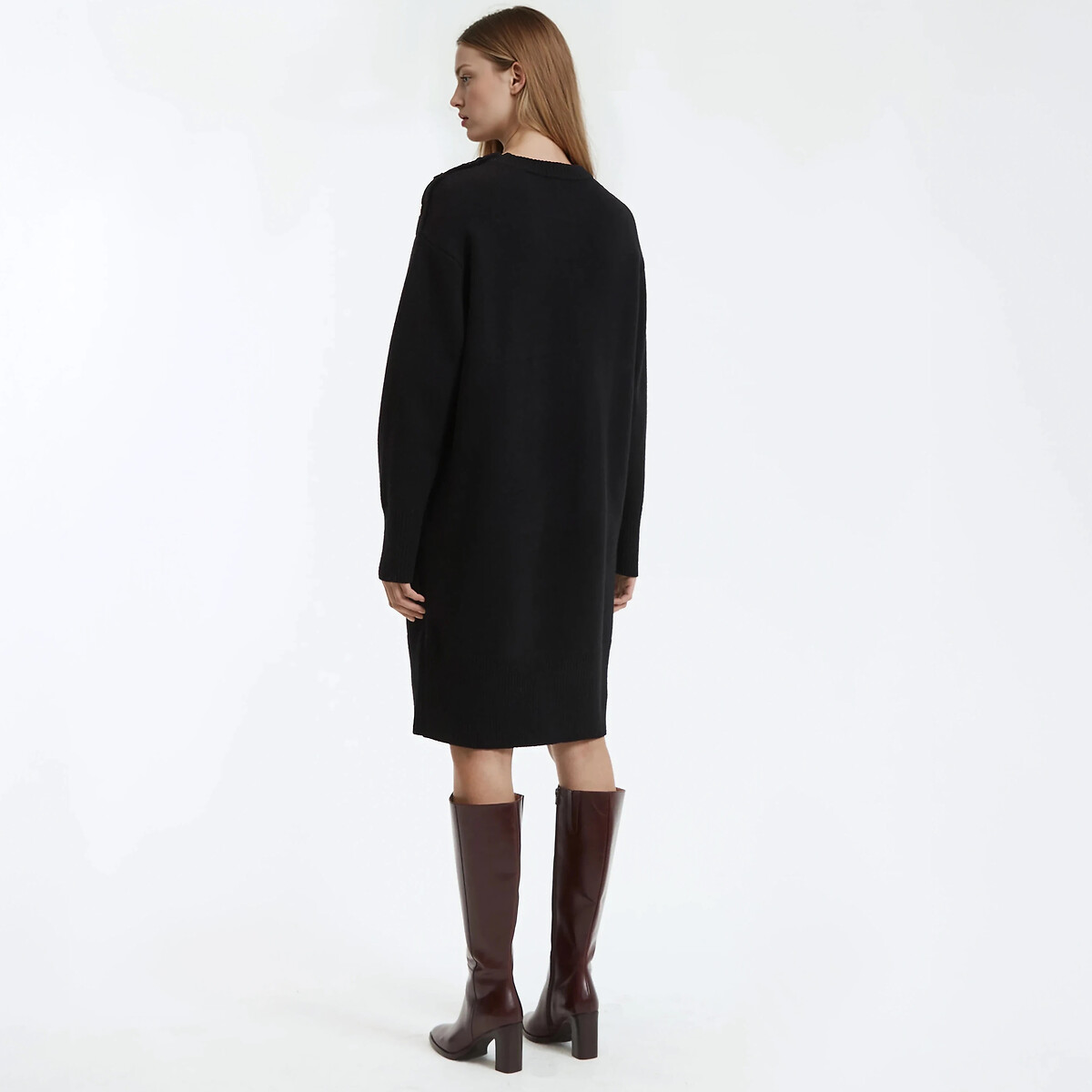 Mini Shift Dress in Wool with Long Sleeves black, LA REDOUTE COLLECTIONS
