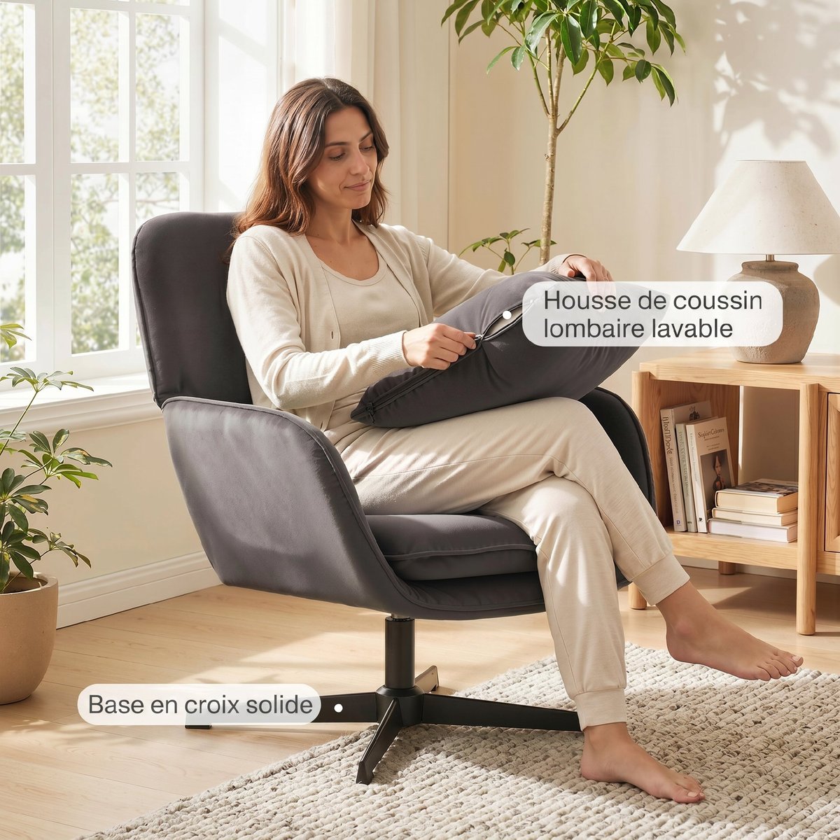 Accent Chair Velours (100 % Polyester) Gris gris foncé, HOMCOM