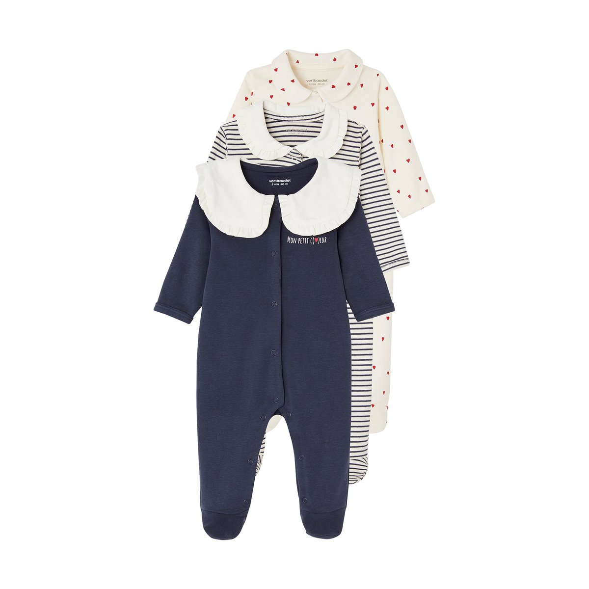 Lot de 3 dors-bien "coeur" en interlock bleu nuit, VERTBAUDET