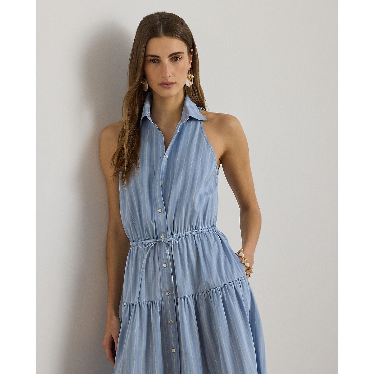 Langes, gestreiftes, ärmelloses Hemdblusenkleid blau/weiss gestreift, LAUREN RALPH LAUREN