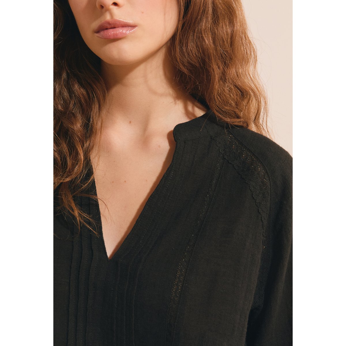 Blouse col V en coton BARBARA noir, ETAM