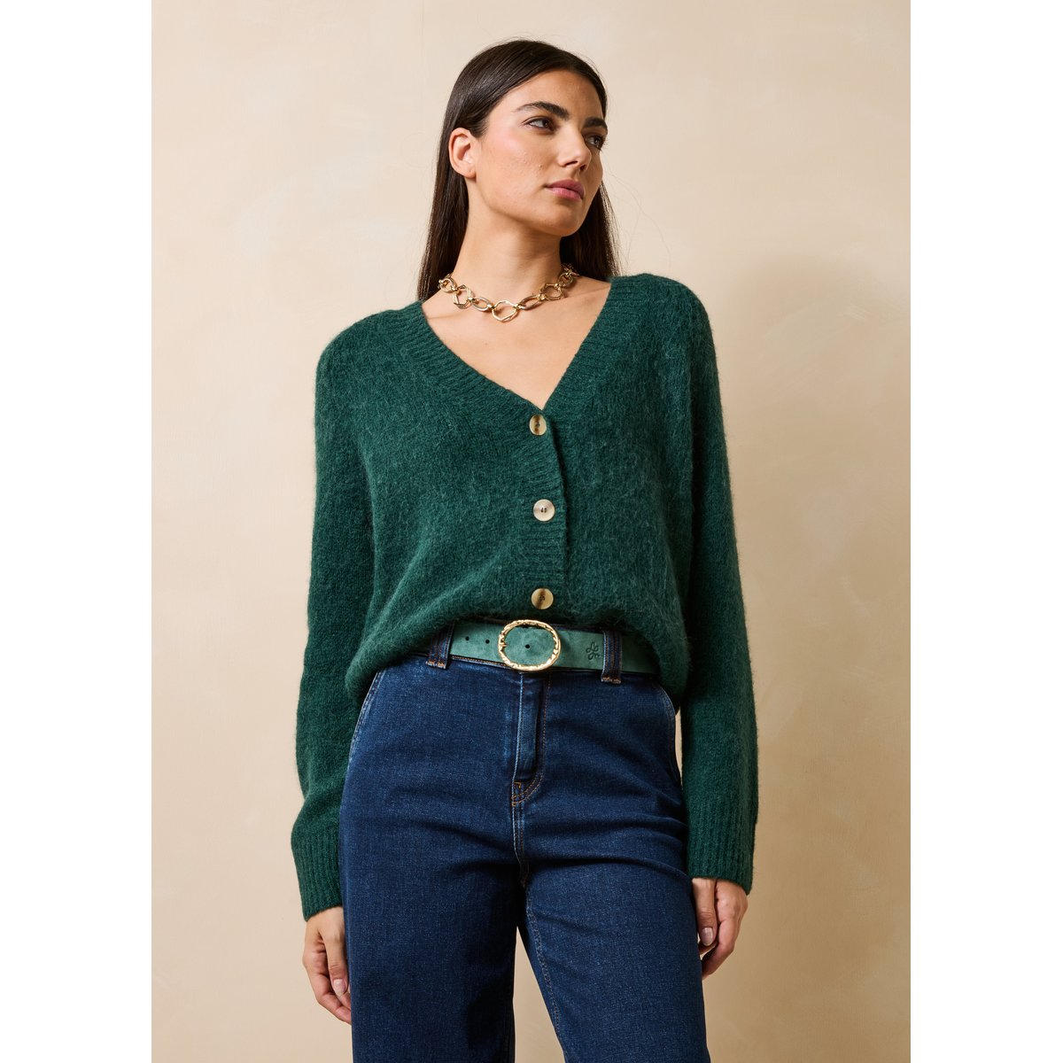 Gilet manches longues col V vert imperial, LA FEE MARABOUTEE