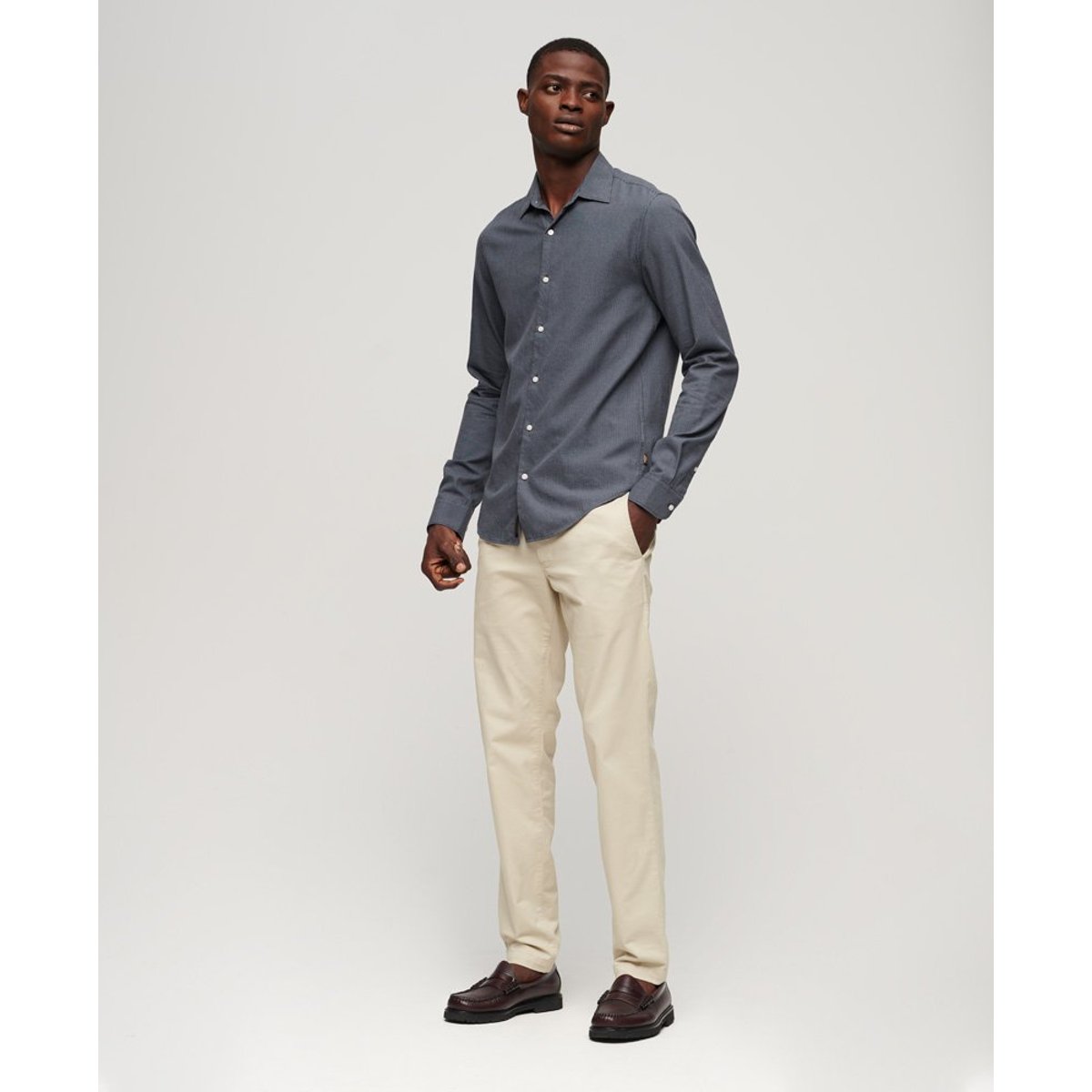 Chemise habillée en coton à manches longues mix bleu marine, SUPERDRY