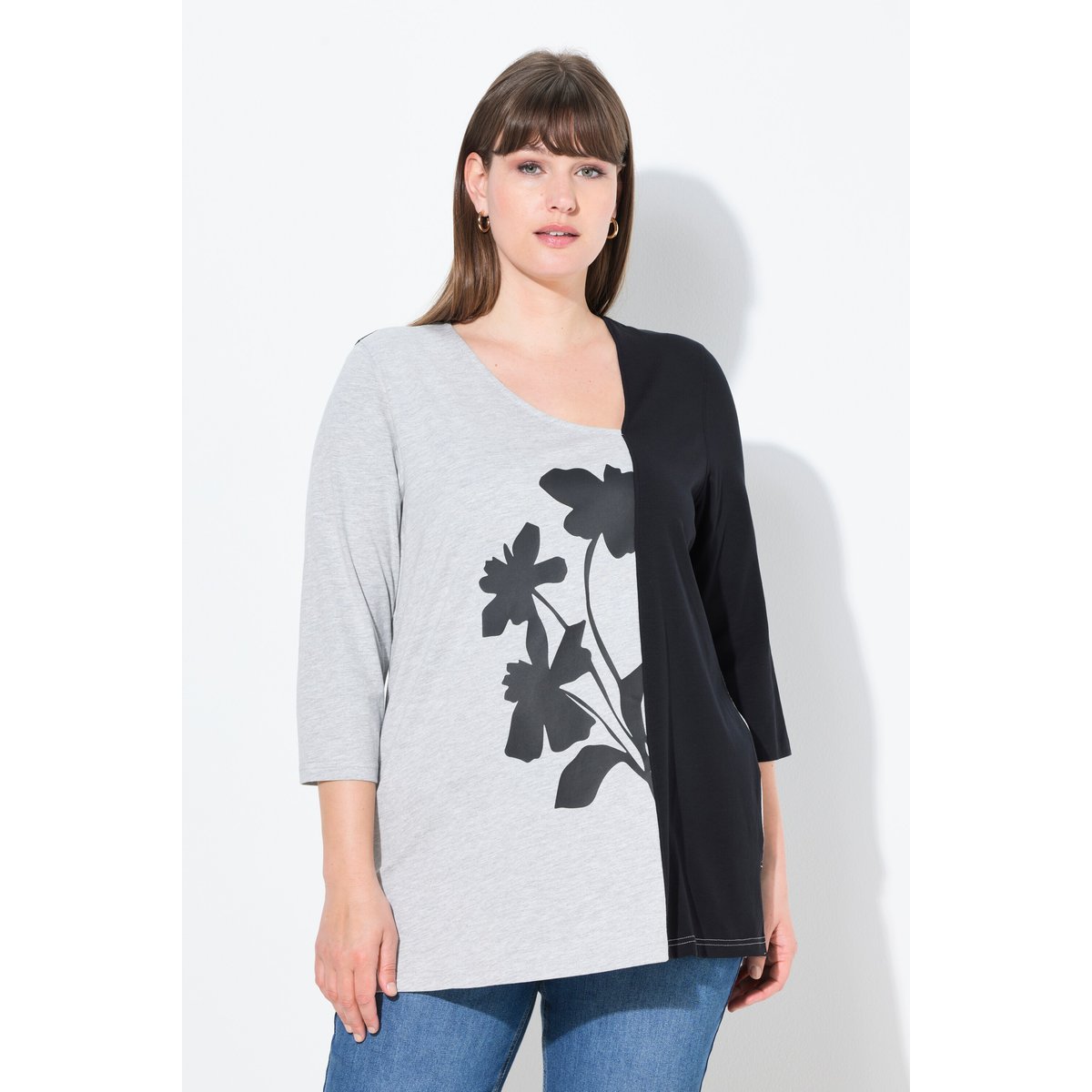T-shirt en coton bio, motif à fleurs gris chiné, ULLA POPKEN