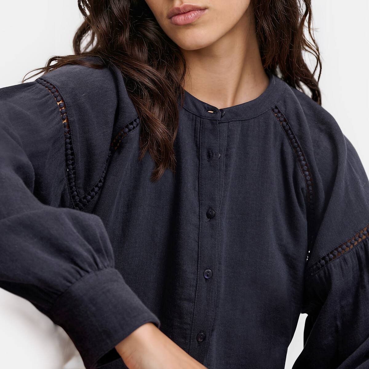 Blouse col rond manches longues avec détails ajourés bleu marine, LA REDOUTE COLLECTIONS