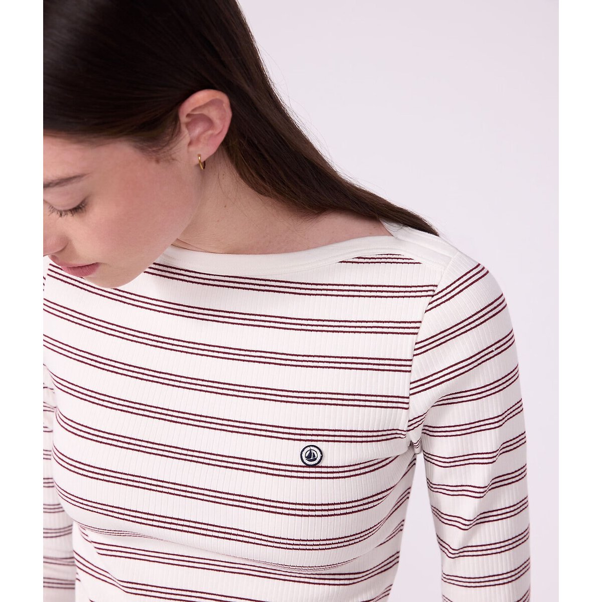 Gestreiftes Shirt Iconique aus Baumwolle mit U-Boot-Ausschnitt weiss/schwarz, PETIT BATEAU