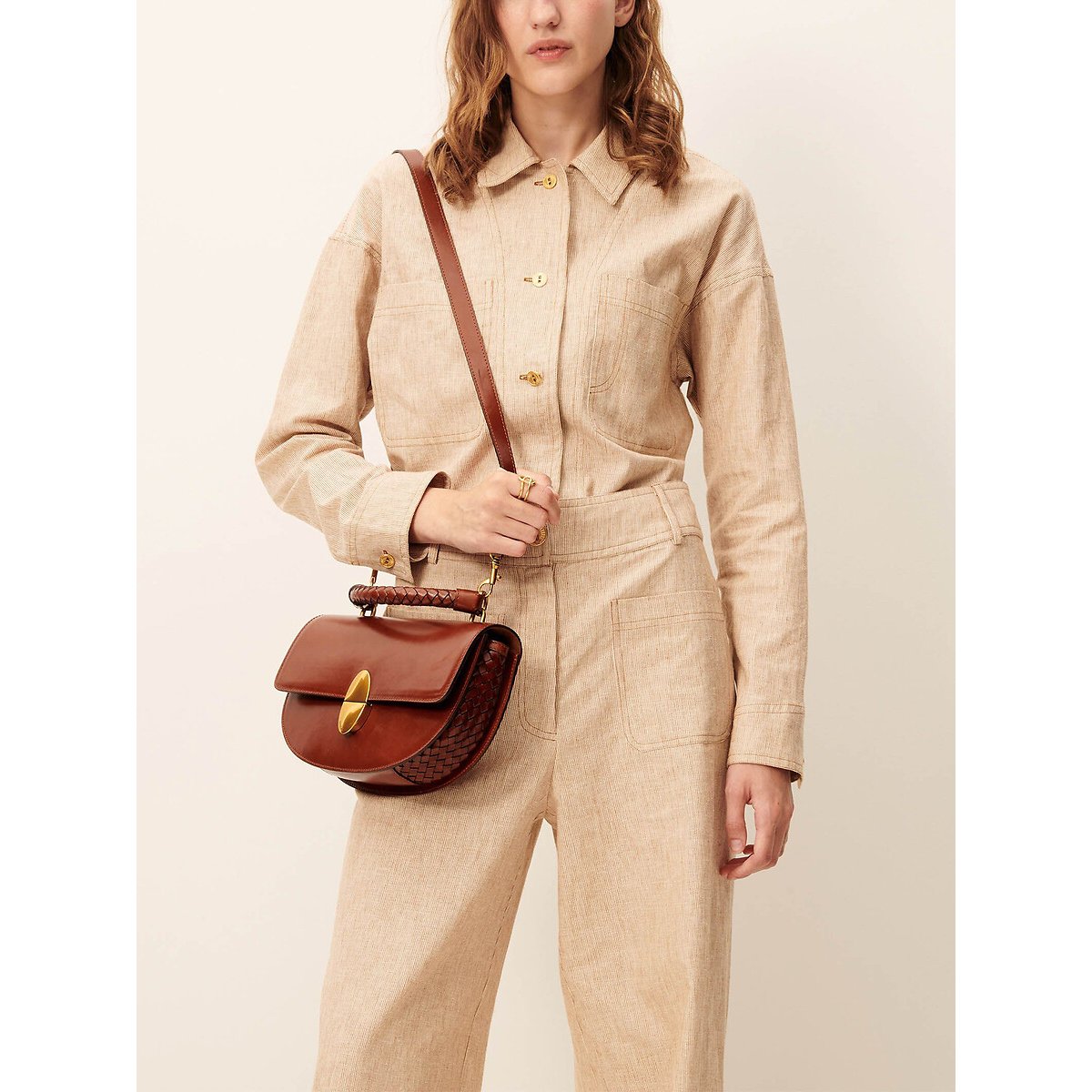 Pantaloni larghi e svasati a righe sottili, MANHATTI beige, SESSUN