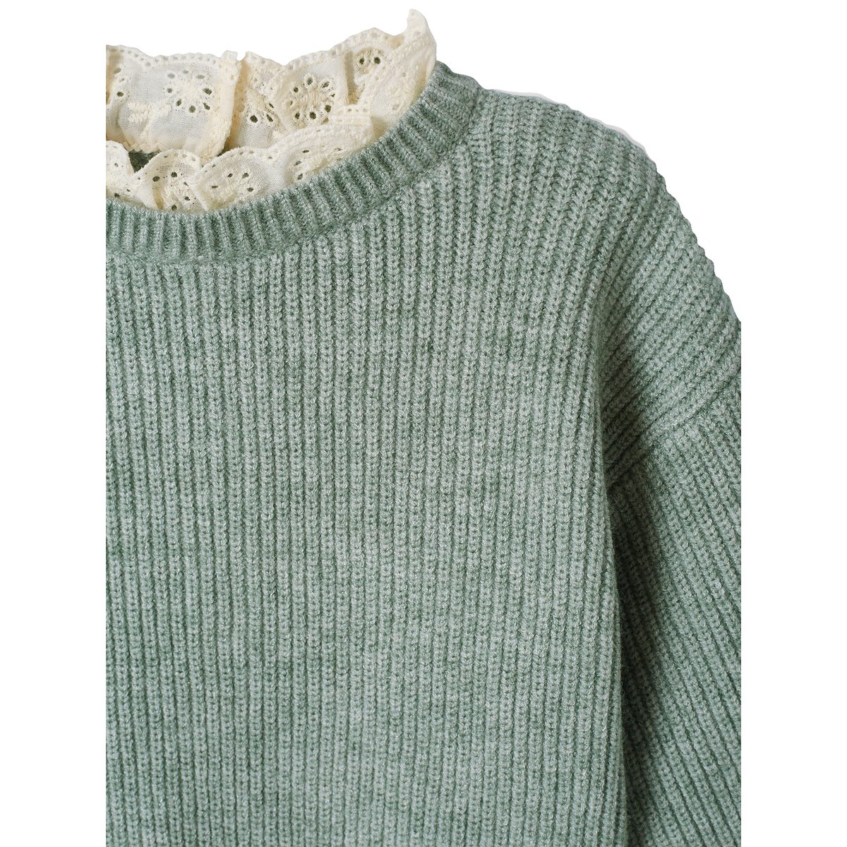Pull bébé en côte perlée col en broderie anglaise vert sauge, VERTBAUDET