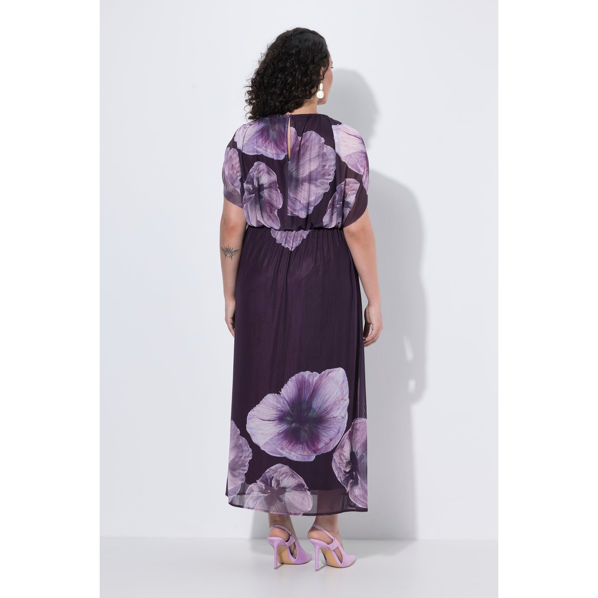 Robe maxi motif floral, décolleté rond raisin foncé, ULLA POPKEN