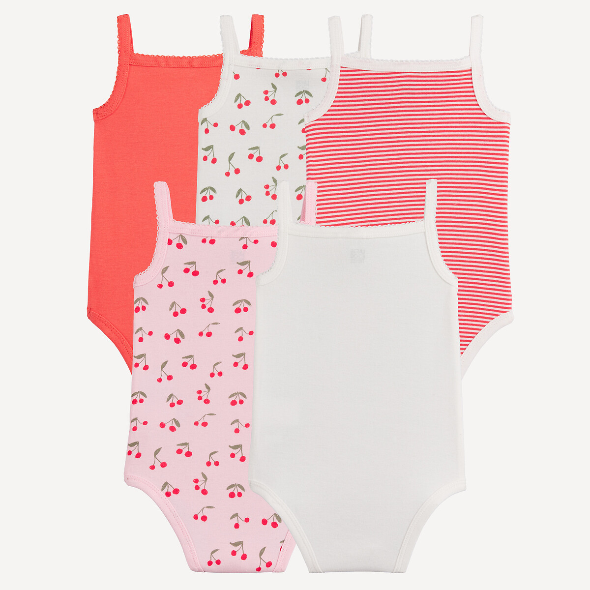 Lot de 5 bodies, à fines bretelles, en coton, imprimés cerises et rayures blanc/rouge/rose, LA REDOUTE COLLECTIONS