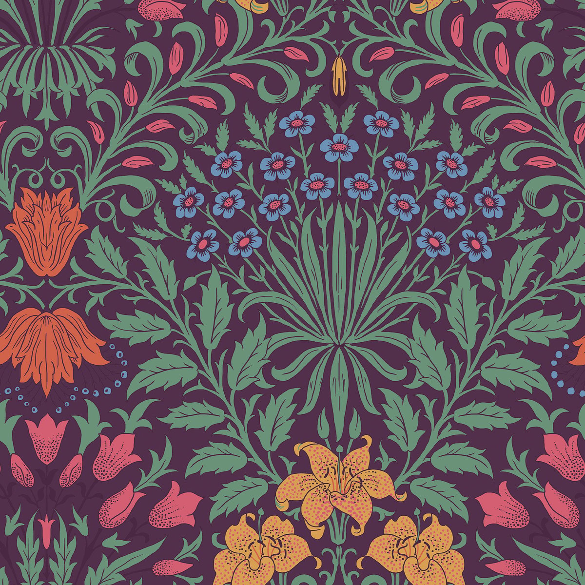 Papier peint fleurs de lys jardin d'été multicolore : rose, jaune, rouge, vert, bleu, violet, WILLIAM MORRIS AT HOME