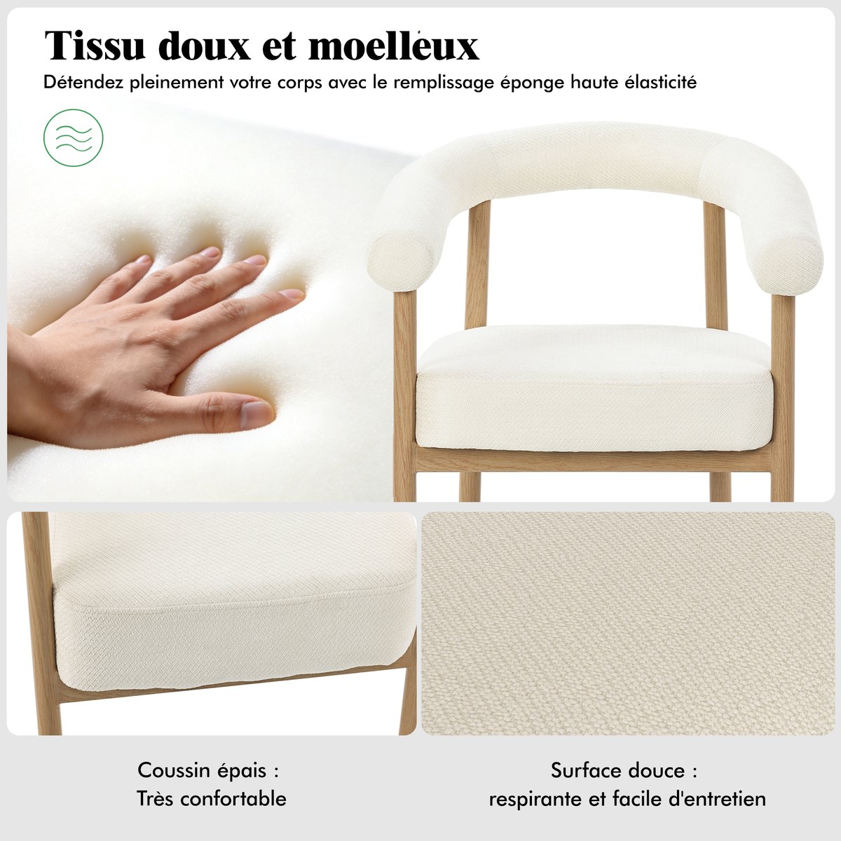 Lot de 4 fauteuils de salle à manger modernes en tissu chenille, HUGG blanc, MEUBLES COSY
