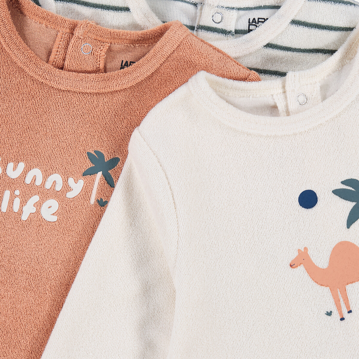 Pack of 3 Towelling Sleepsuits with Camel/Striped Print assorted, LA REDOUTE COLLECTIONS