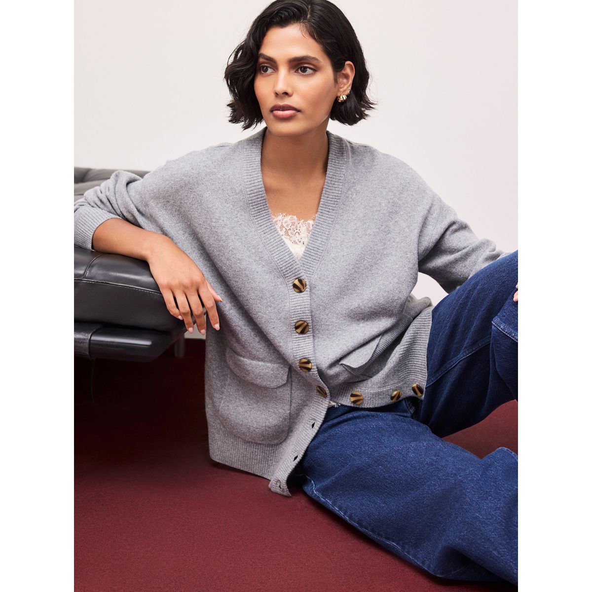 Cardigan mi-long ultra-doux à col v gris chiné, NEXT